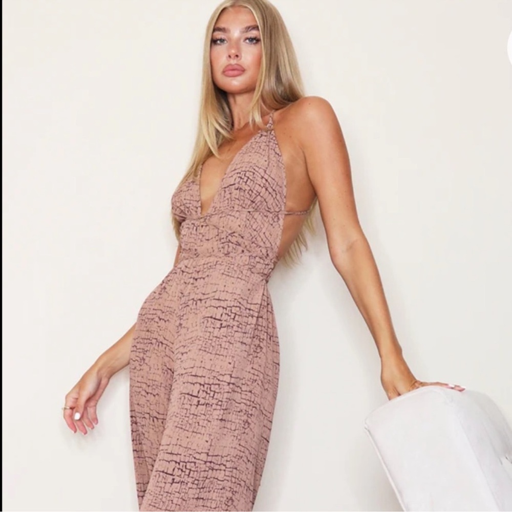 PLT Womens Stone Printed Halterneck Wide Leg Jumpsuit